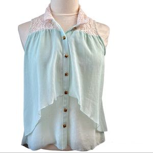 HeartSoul Top Sleeveless Blouse Buttons Mint Green Lace Sheer Polka Dots Small